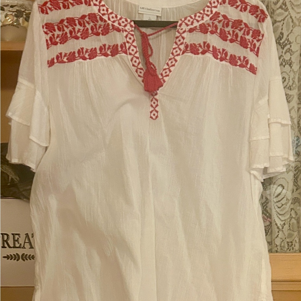 Liz Claiborne White Tunic with Red Embroidery